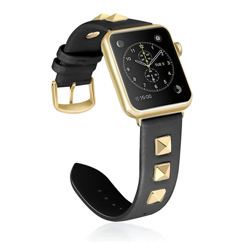 

Кожаный ремешок для Apple Watch 45 мм, 41 мм, 44 мм, 42 мм, 46 мм, металлический женский браслет с гвоздями, браслет iWatch Series 10 9 8 7 6 5 4 SE Band