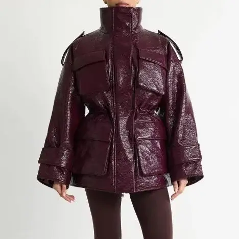 Women Burgundy Patent Leather Stand Collar Epaulet Multi Pocket Drawstring Waist Mid-Length Puffer Jacket, Winter Warm Streetwea