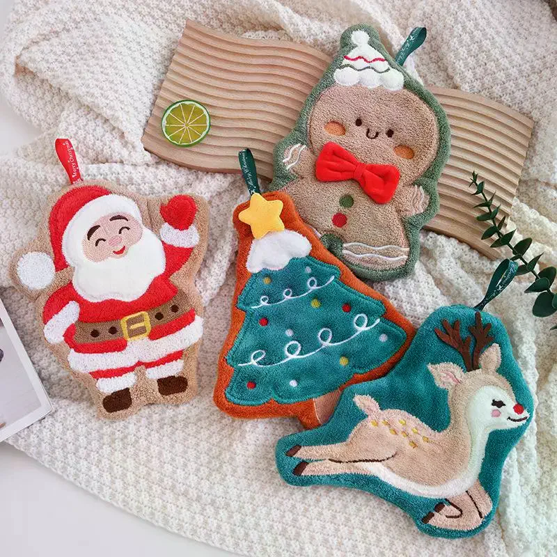 Coral Fleece Christmas Santa Claus Hand Towels Water Absorption Quick-drying Hand Towel Christmas Tree Bell Kitchen Bathroom