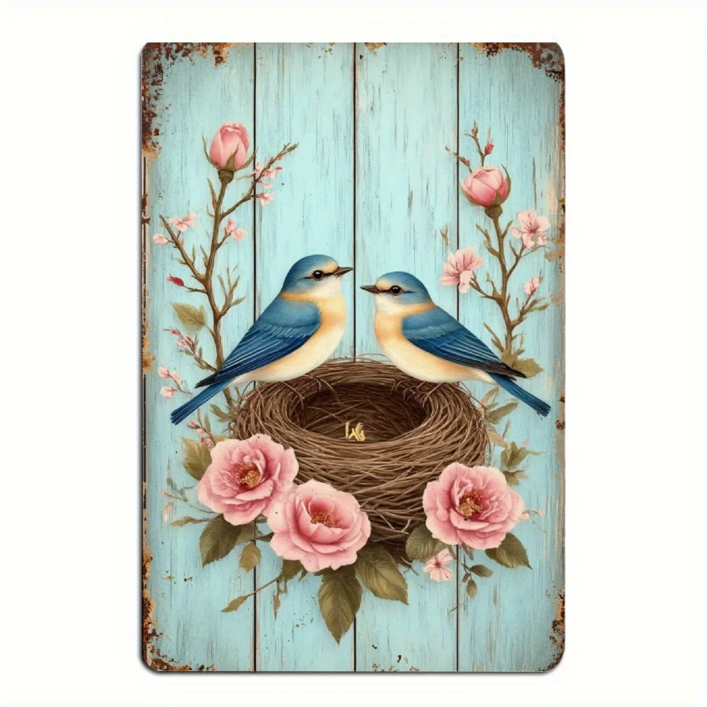 Aluminium-Metallschild, Vintage-Wandtafel aus Holz mit zwei blauen Vogeln, die rosa Rosen nisten, wasserfeste Wanddekoration für Haus und Garten