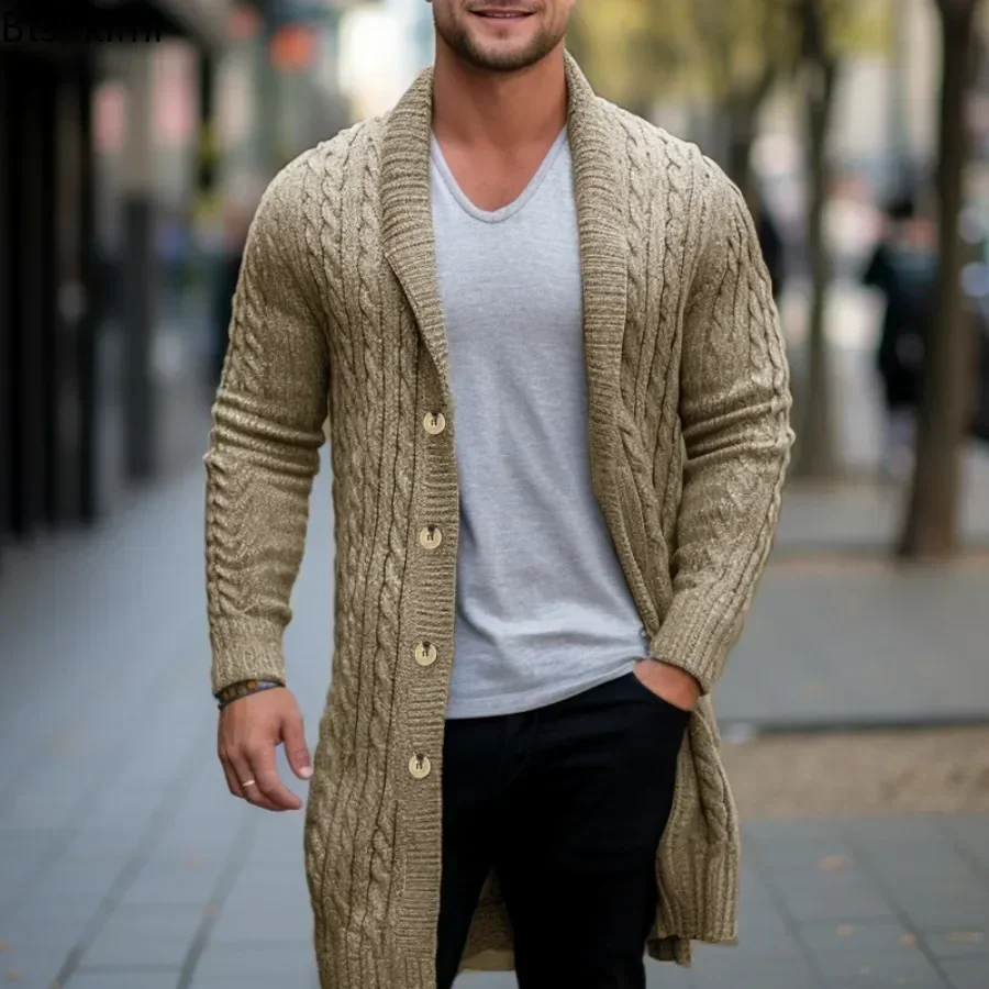 2024 Men's Knitted Cardigan Casual Long Sweatercoat Spring Autumn Slim Fit Button Long Cardigan Male British Style Button Coats