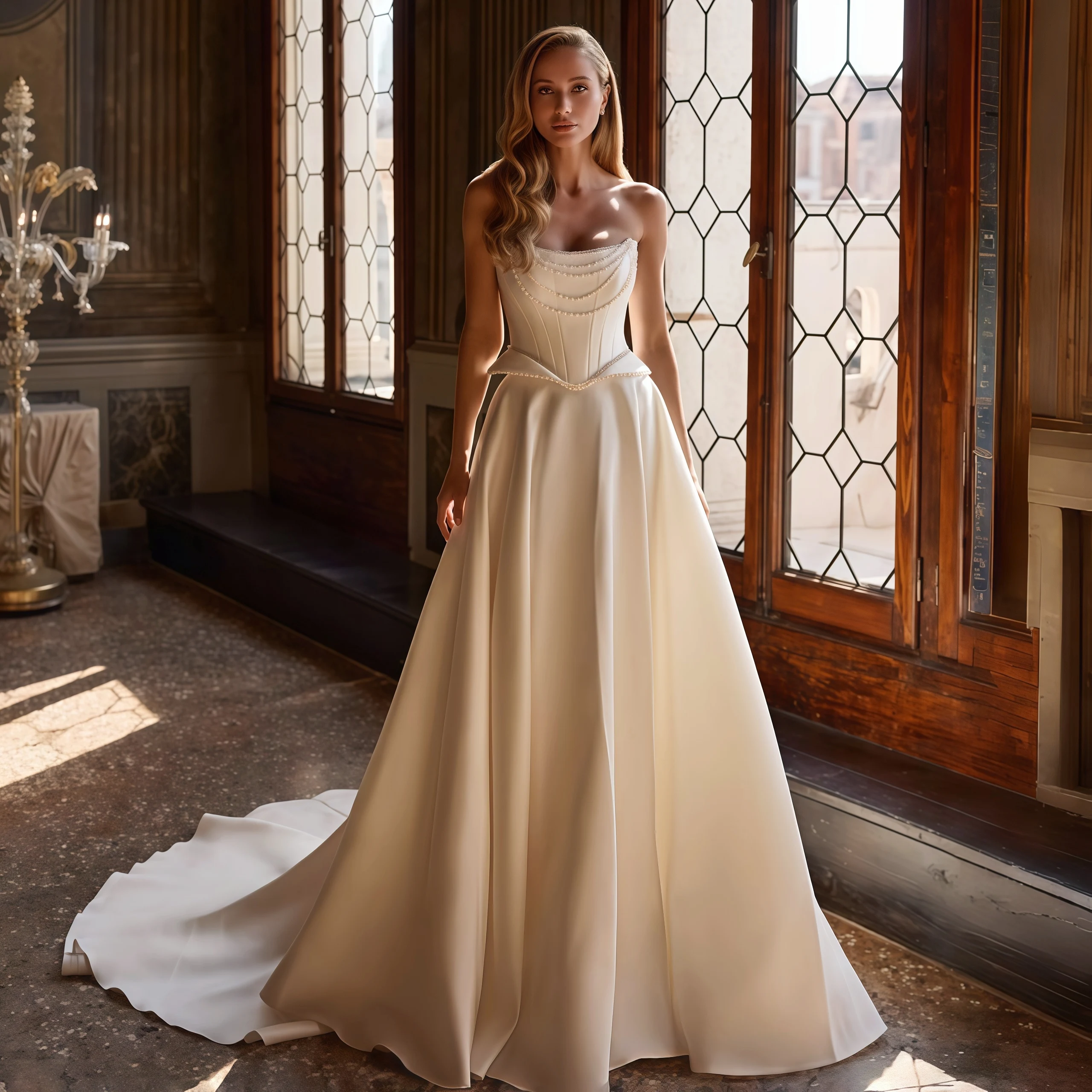 

A Line Satin Wedding Dress Customized Strapless Sweetheart Backless Beaded Corset Bridal Gown Custom Train