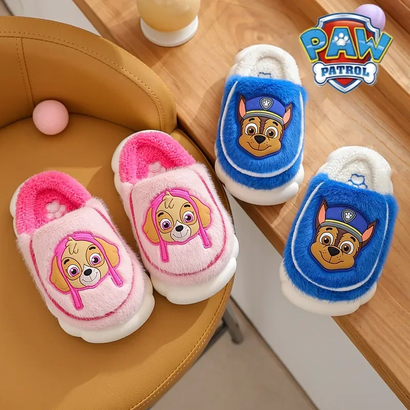 Paw Patrols Kids Winter Warm Cotton Shoes Anime Figures Chase Skye Marshall Toddler Girl Baby Boy Fur Slides Cotton Indoor Shoes