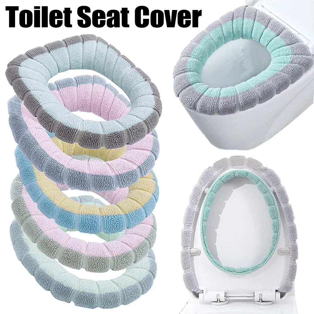 Universal Toilet Seat Cover Thick Plush Soft Mat Winter Warm Toilet Pad With Handle Washable Knitting Cushion Bathroom Supplies