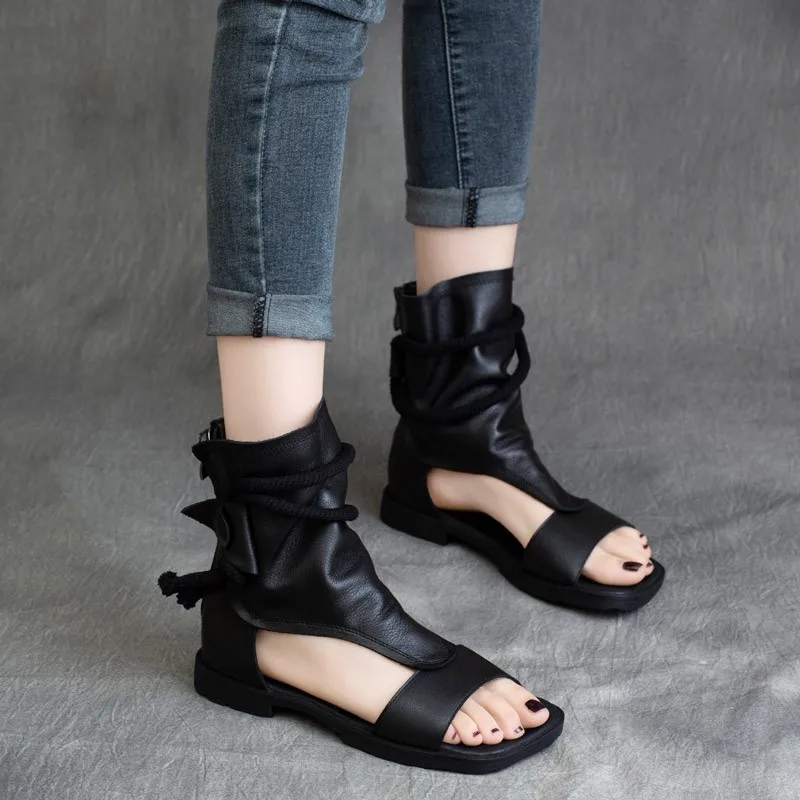 New Style Stringed Back Zipper Comfortable Flat Bottom Retro Soft Leather Low Heel Openwork Breathable Roman Sandal for Women view 6