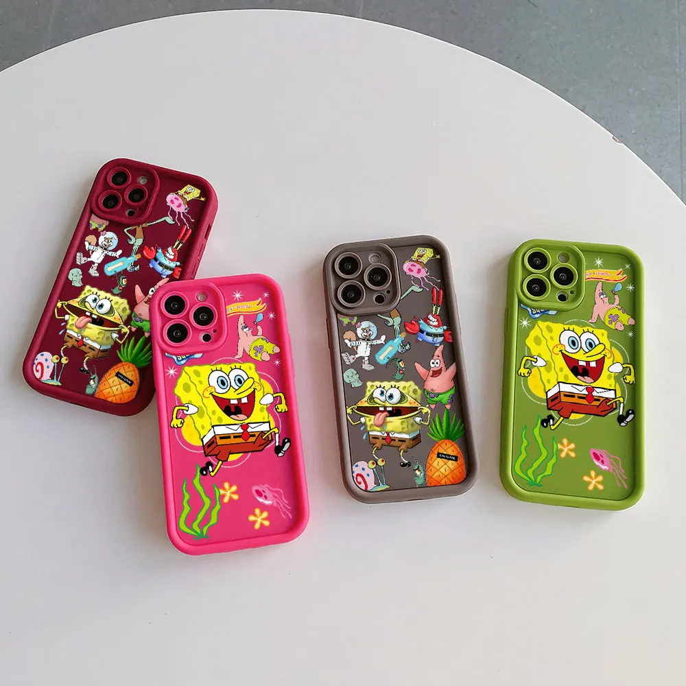 Cartoon SpongeBobs SquarePants Camera Protection Case For iPhone 15 14 13 12 11 Pro Max Mini XR XS Plus SE20 Soft TPU Back Funda