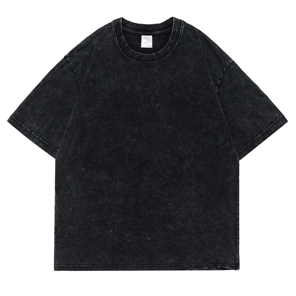 

100% washed cotton retro punk T-shirt men's retro short-sleeved T-shirt solid color hip-hop loose T-shirt