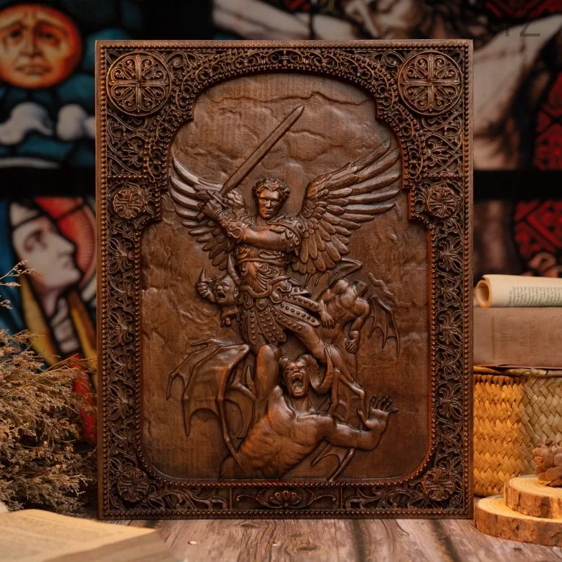 Vintage Archangel Michael Defeated Satan Plaque Living Room Bedroom Home Decor Mural Saint Michael Statues view 2
