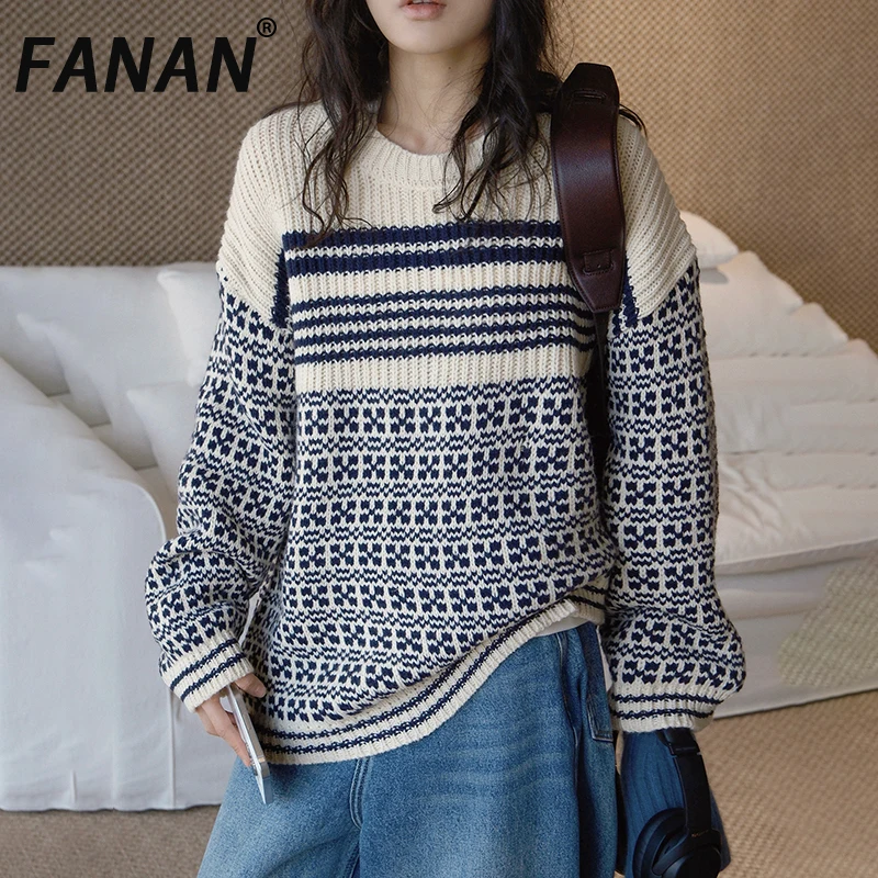 

FANAN Fashion Striped Contrast Color Wool Knitting Sweater Women's Round Neck Long Sleeve Loose Tops Female 2025 Winter New