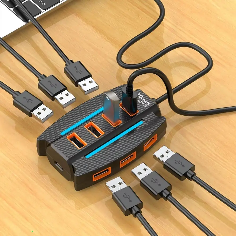 10 Ports USB 2.0 Splitter Multiple Expander USB Adapter Hub With RGB Light 5Gbps High Speed USB Docking Station