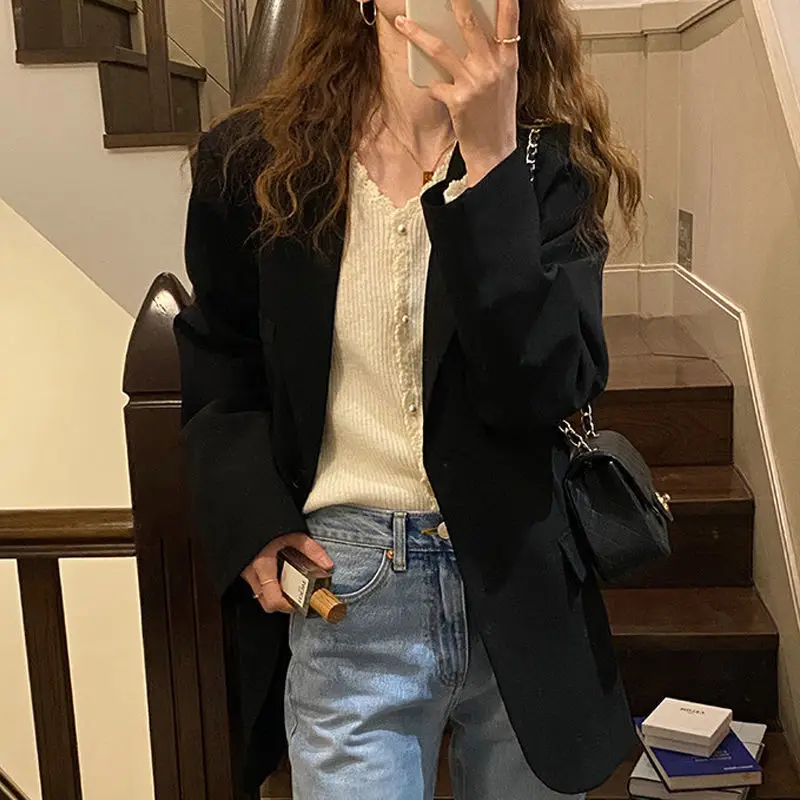 

Длинные пиджаки, женские элегантные офисные женские облегающие двубортные пиджаки с зубчатым воротником, осенняя модная однотонная верхняя одежда, современная