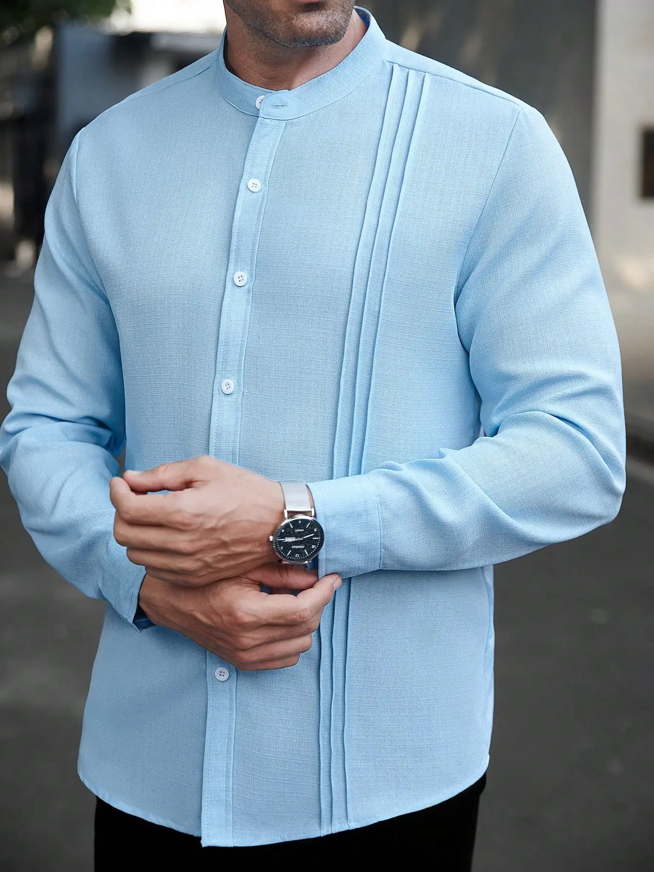

Men's Light Blue Stand Collar Long Sleeve Button-Up Shirt, Casual Business Commute Style