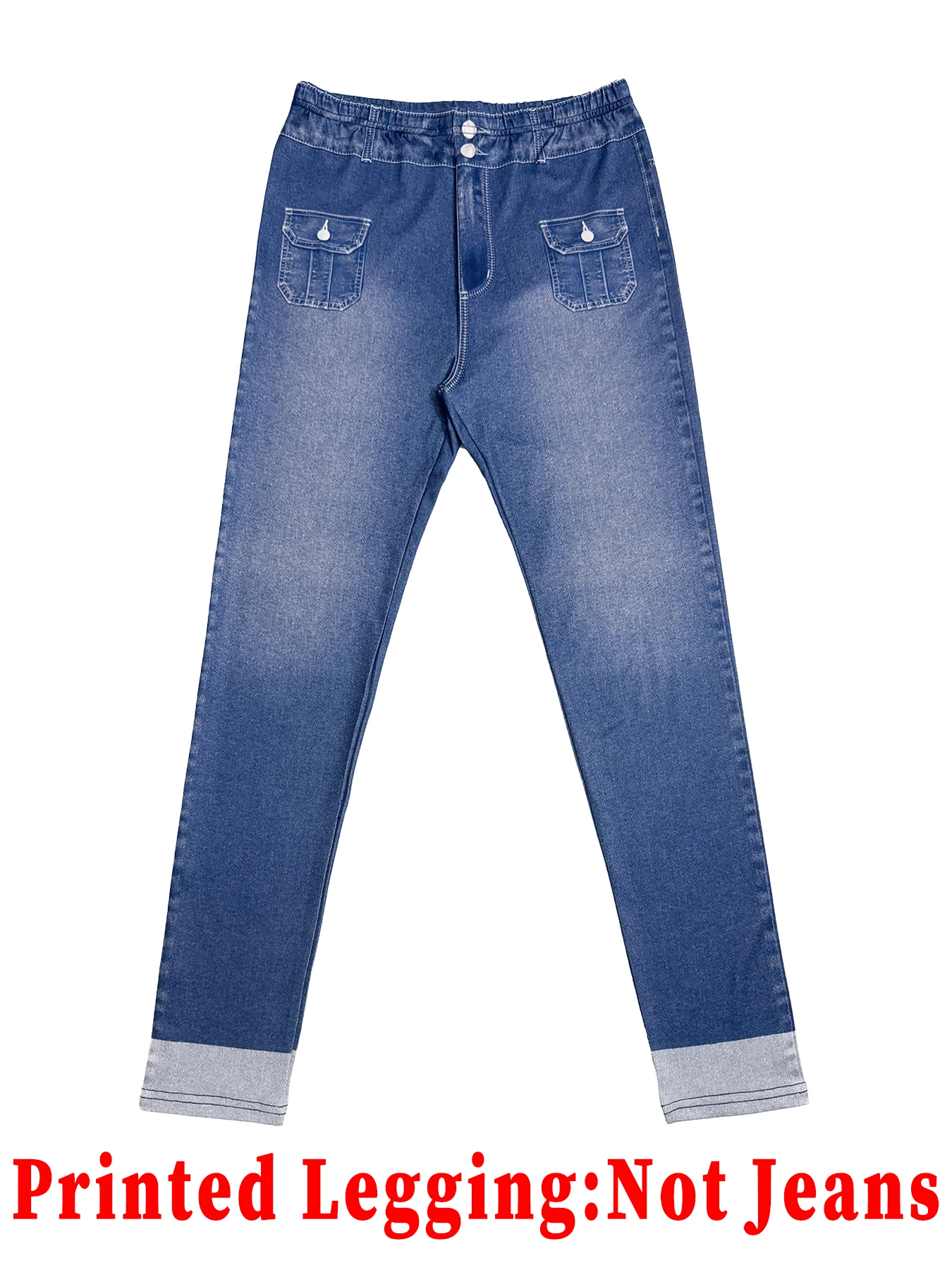Damen High-Waist Faux-Denim Lange Leggings mit Doppelknopftasche, Schlanke Yoga-Hose, Keine Echte Jeans – Detail 5