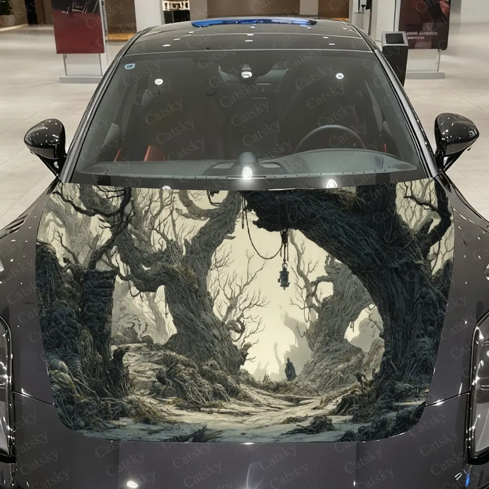 Dark Punk Dead Tree Car Vinyl Wrap, PVC Waterproof Car Hood Sticker, Self-Adhesive Scratch-Resistant Stickers