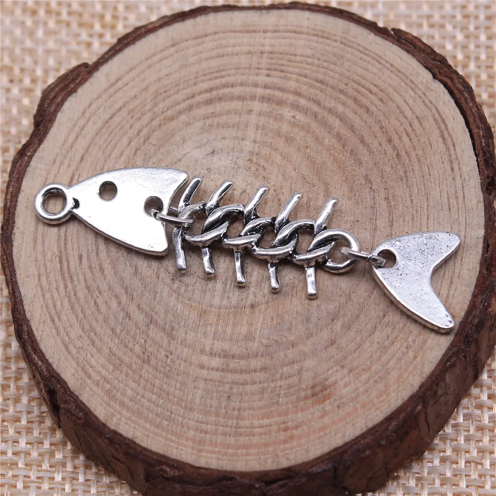 5Pcs/Lot Silver Color 50x11mm 3D Fishbone Charms Fish Pendant Fit DIY Handmade Metal Punk Jewelry Making Finding Supplies