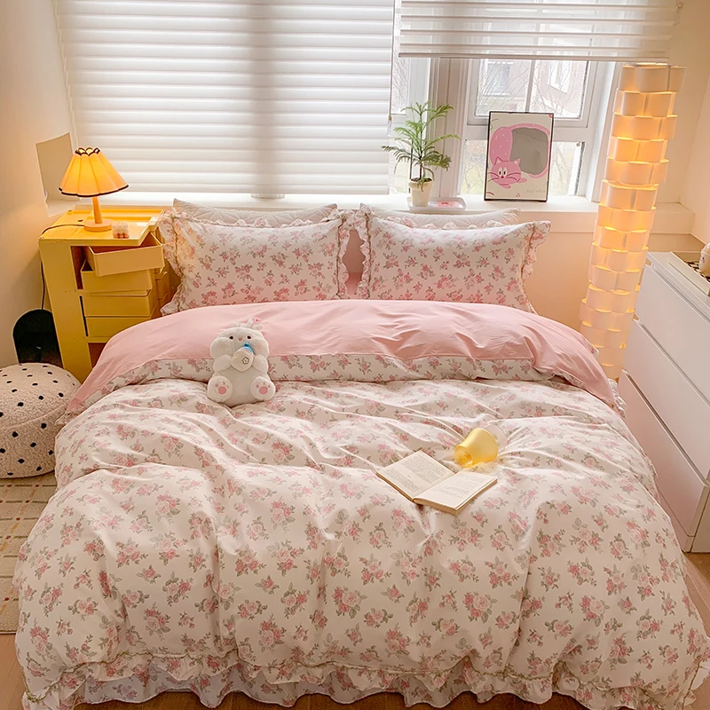 100% Cotton Korean Pastoral Floral Lace Ruffles Girl Bedding Set Single Full Queen King Quilt/Duvet Cover Bed Sheet Pillowcases