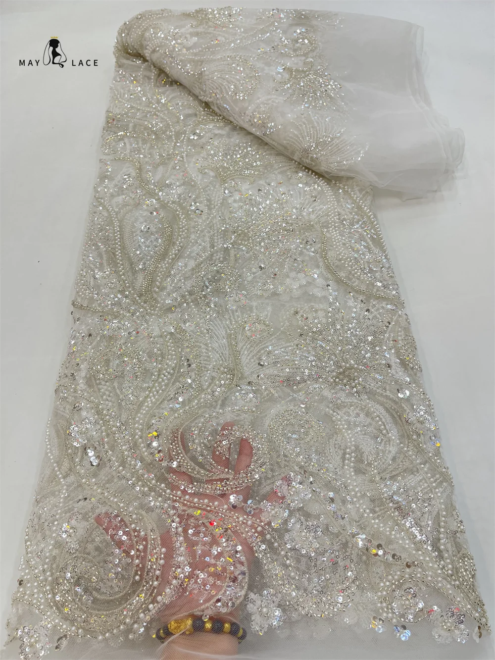 

2025 African Nigerian High-Quality Beaded Embroidery Lace Fabric French Tulle Sequins Organza 5 Yards for Wedding Party Dresses