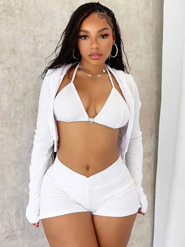 

Женский сексуальный комплект из трех предметов, осень-зима 2029, бюстгальтер, топы с тонким пальто и шорты, спортивный костюм, уличная одежда, повседневный костюм