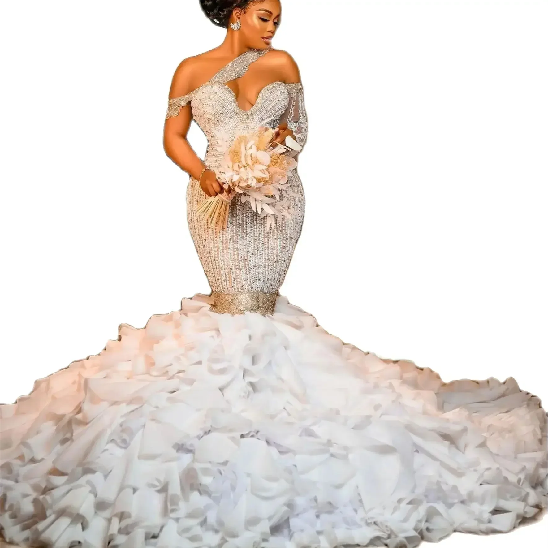 Customized Exquisite Crystal Mermaid Wedding Dresses One Shoulder Beading Bridal GownsRuffles Dress Vestido De Novia