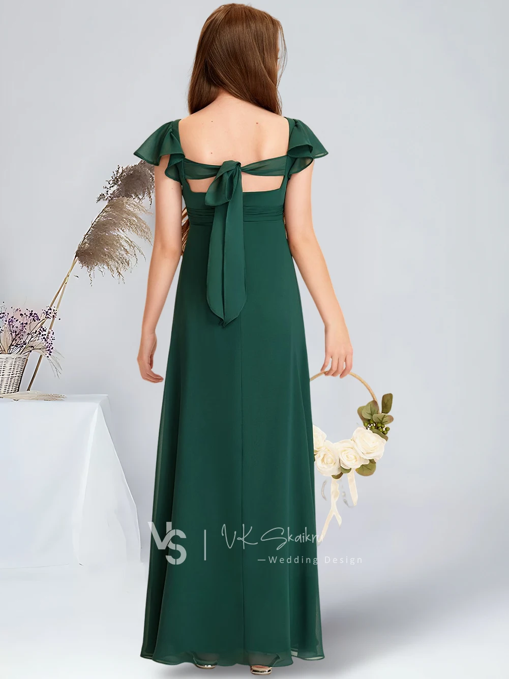 A-line Square Floor-Length Chiffon Junior Bridesmaid Dress Dark Green Flower Girl Dress for Wedding Dress For School Dance Teens