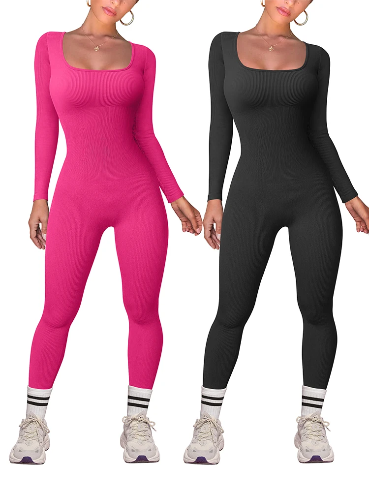 Women Yoga One Piece Jumpsuit Seamless Long Sleeved Square Neck Tight Sexy Sports Jumpsuit Yoga Fashion Fitness Sportswear