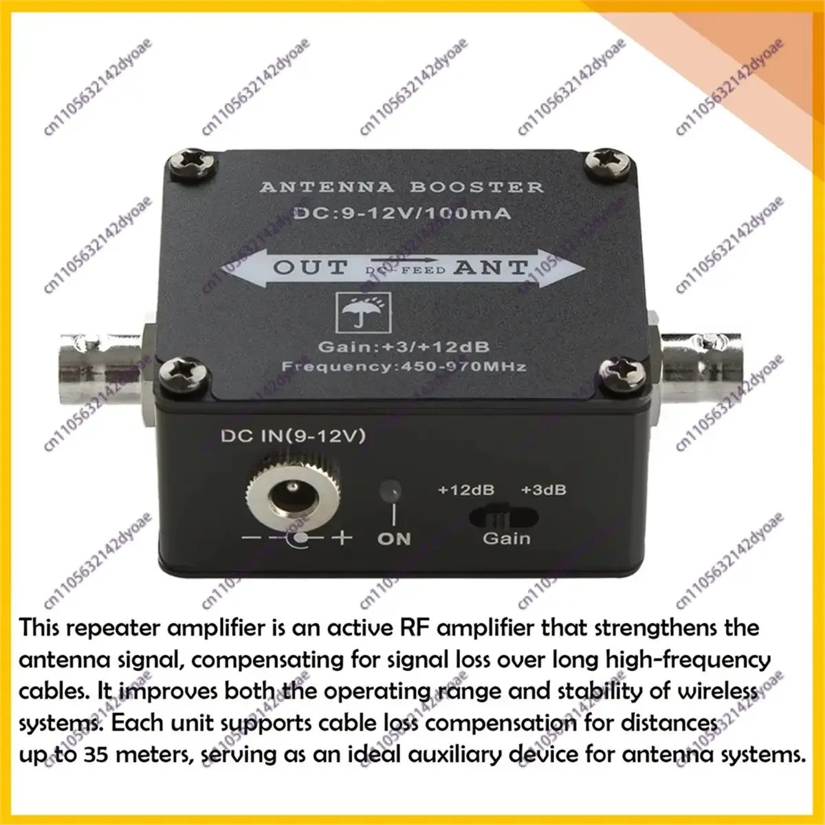 A72U UHF Active Antenna Signal Booster Amplifier 450-970MHz 12dB Gain BNC Repeater for Wireless Mic System Stage Audio