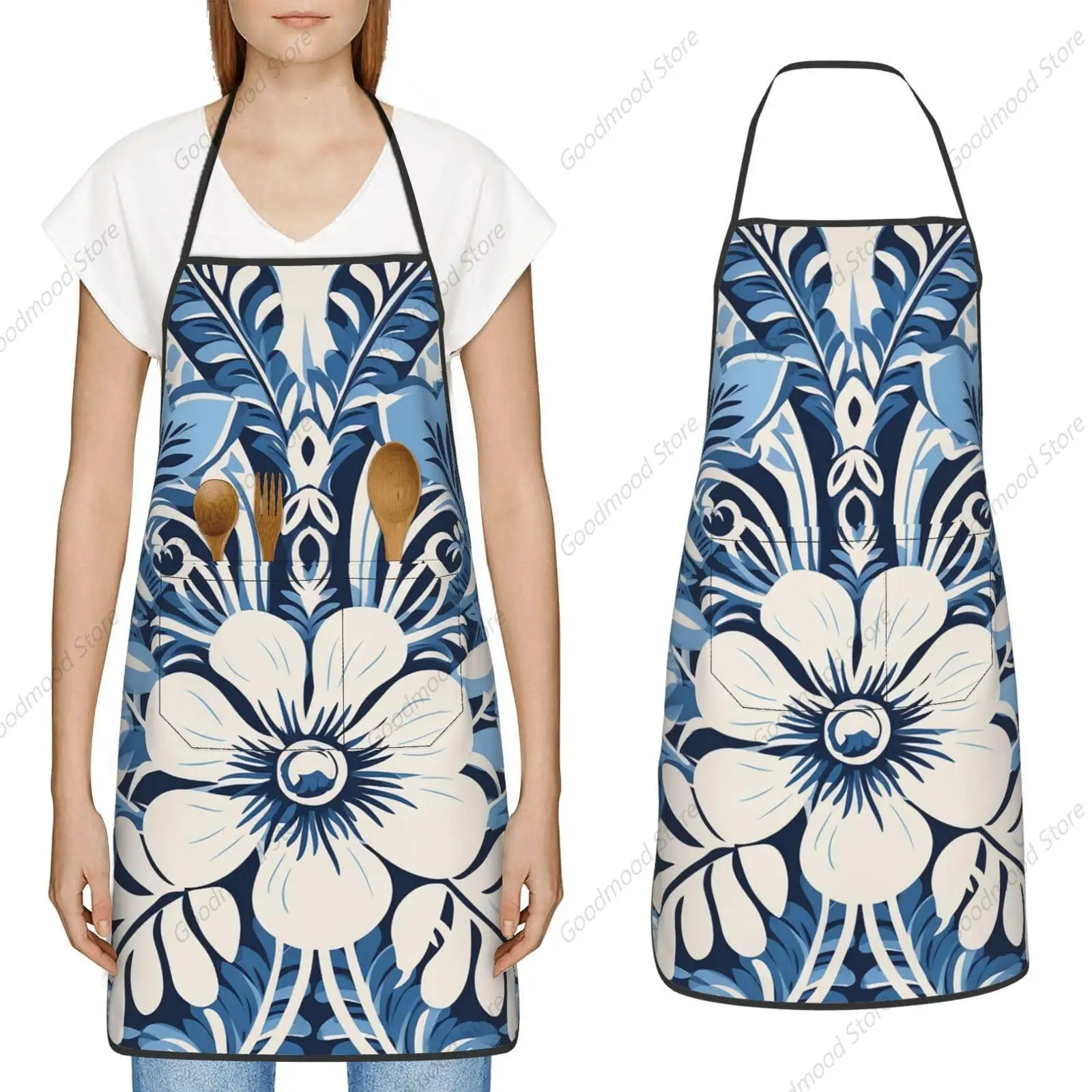 Aprons for Women Men Adjustable Bib Apron with 2 Pockets Light Indigo Traditional Pattern Chef Apron for Kitchen Gardening