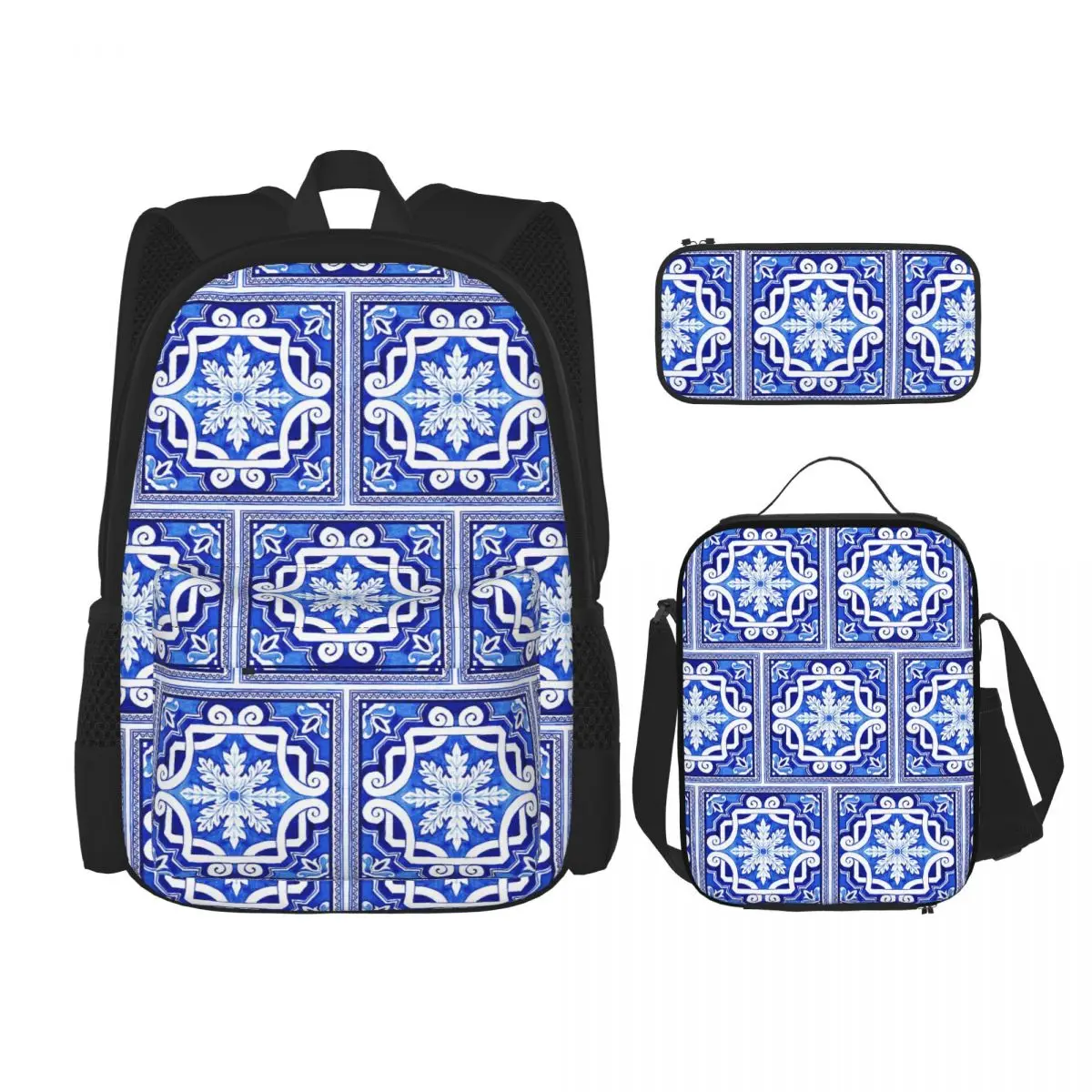Azulejo Portuguese Tile Watercolor Artwork Backpacks Boys Girls Bookbag School Bags Rucksack Lunch Bag Pen Bag Three-Piece Set