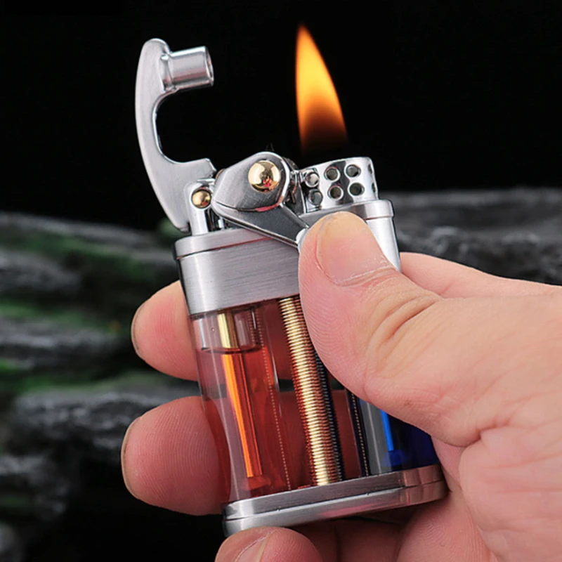 ZORRO Windproof Rocker Arm Oil Lighter Metal Transparent Double Fuel Tank Cool Unusual Grinding Wheel Kerosene Lighter Men Gift