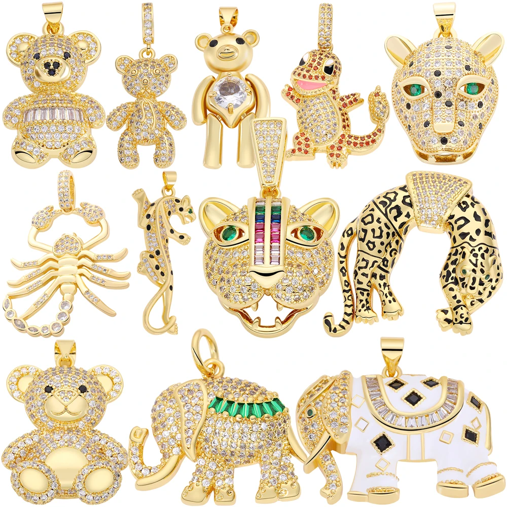 Juya DIY 18K Real Gold Plated Micro Pave Zircon Talisman Animal Bear Dragon Elephant Scorpion Leopard Panther Charms Supplies