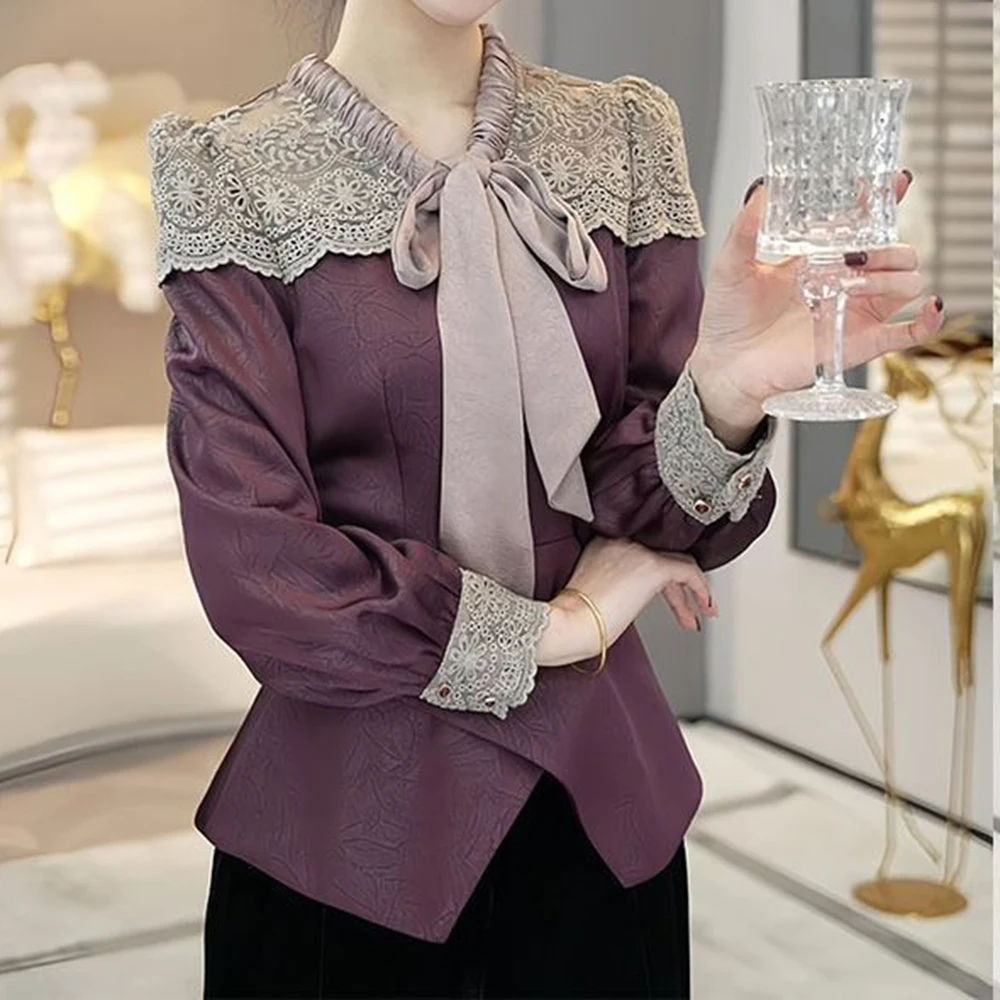 Stylish shirts, women's new autumn and winter, light luxury, high-end, popular lace streamer long-sleeved tops this year