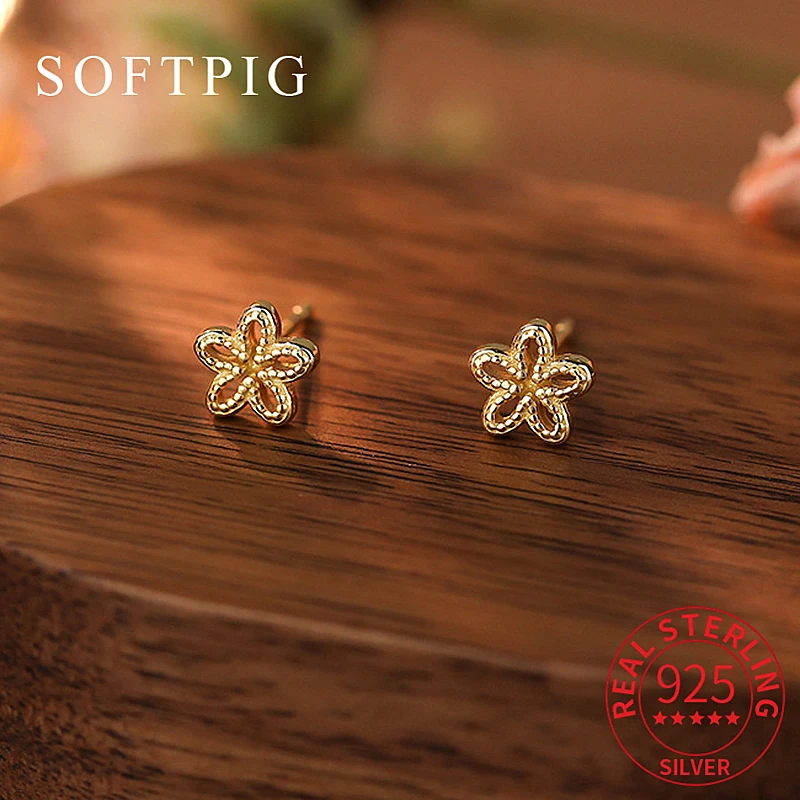 SOFTPIG Real 925 Sterling Silver Tiny 6.5mm Flower Stud Earrings for Women Cute Plant Fine Jewelry Ear Hole Care Accessories