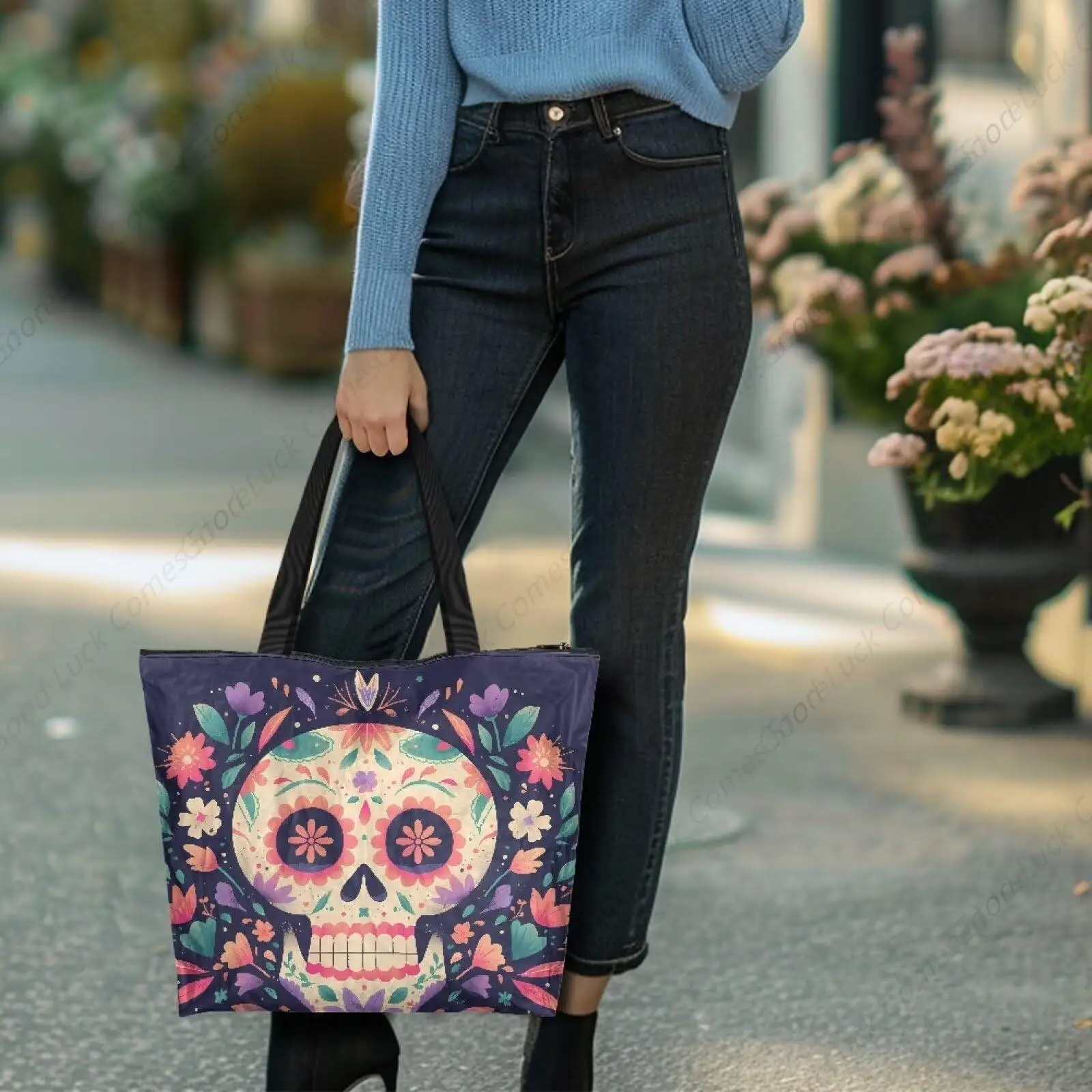 Day Of The Dead Tote Bags for Women Mexican Sugar Skulls Flowers Large Shoulder Handbag for Gym Travel, Dark Blue Paper Shopping