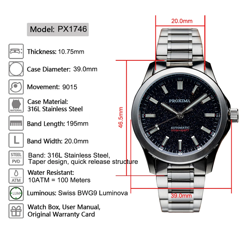 PX1746 New Mens Mechanical Watches Aventurine Dial 100M Waterproof