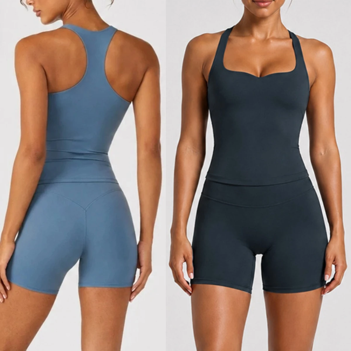 Women 2 Pieces Pilates Fitness Clothes Sweetheart Neck Built‑in Bra Tank Top High Waist Biker Shorts Running Gym Yoga Sport Suit
