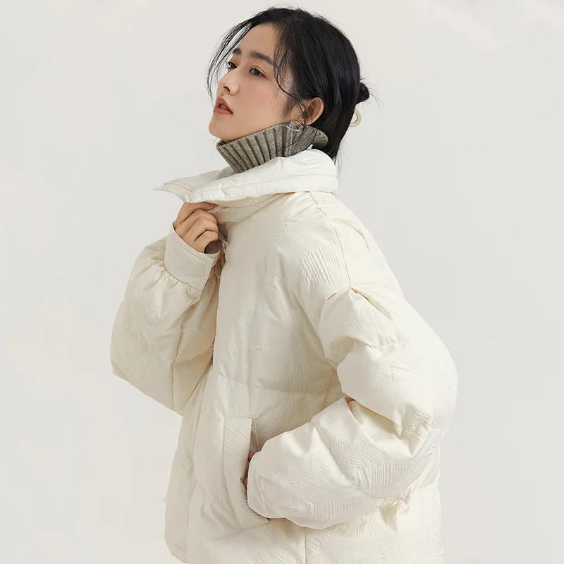 INMAN Women Short Down Jacket Winter Long Sleeves Lapel Loose 90% White Duck Down Coat Warm Windproof Bow Decoration Outwear