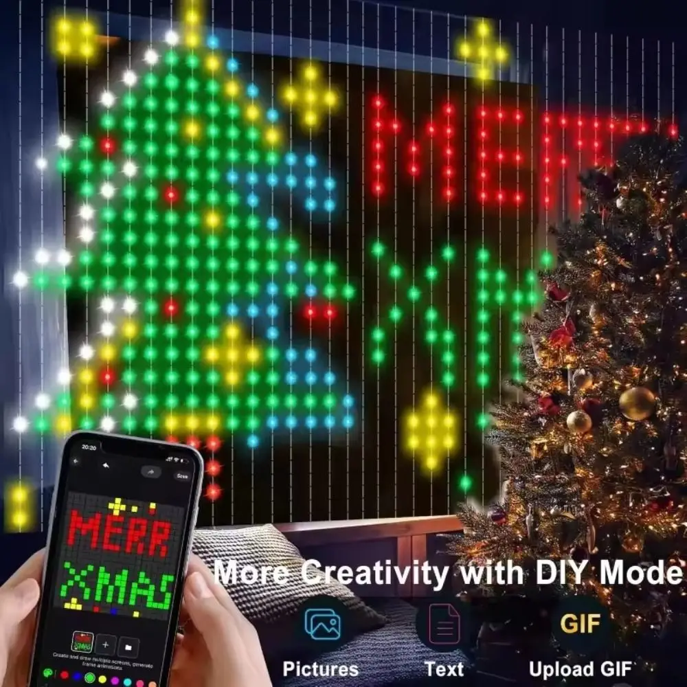 APP Controlled Fairy String Lights DIY Pattern Music Sync LED Curtain Lights IP65 Waterproof USB Powered RGB Pixel Lights