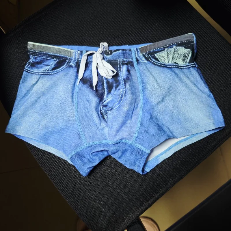 2026Combination cross-border new men's imitation denim printed triangle swimming trunks quick-drying trend triangle sand UXH377