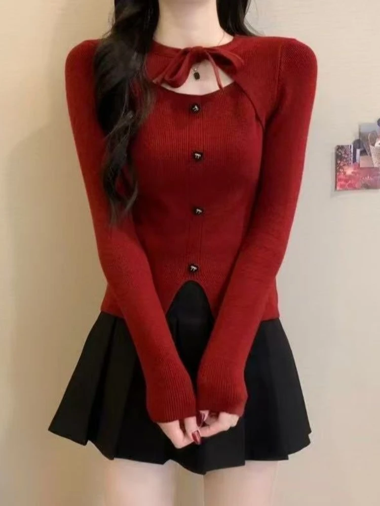 Autumn and Winter Temperament Fragrant Style High-end Bow Tie Two Piece Design Niche Top Knitted Sweater