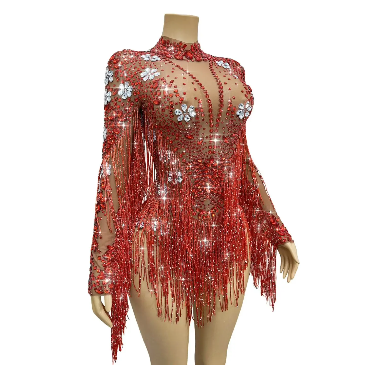 Lussuoso body con nappe e strass scintillanti dal design pesante da donna, cantante, ballerino, festa, sfilata di moda, performance sul palco
