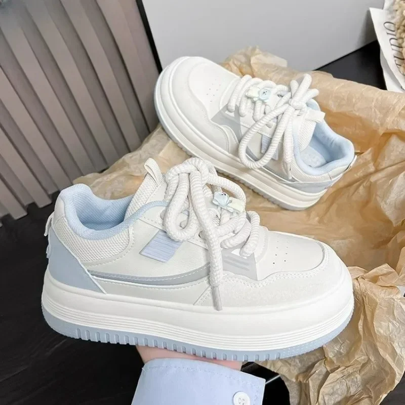 Harajuku Style White Blue Vulcanized Shoes Women Increased Lace-Up Height Sports Shoes Female Outdoor Thick Soled Casual Sneaker