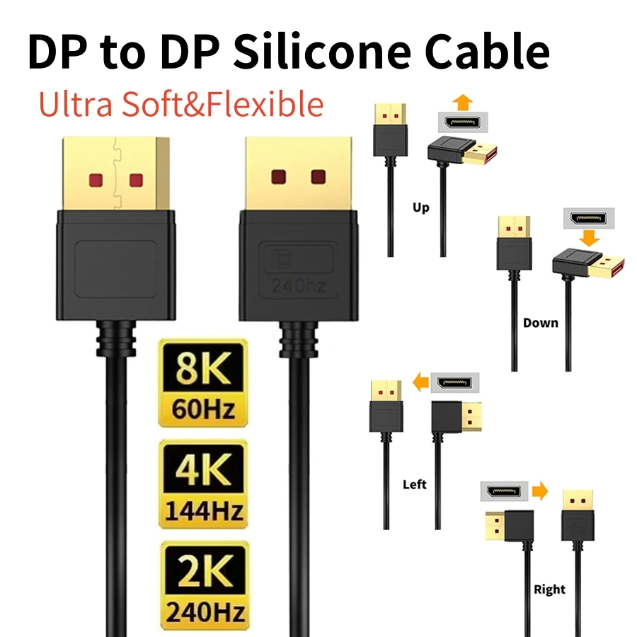 90도 디스플레이포트 케이블 1.4 8K 60Hz 4K 240Hz 디스플레이 포트 코드 호환 FreeSync G-Sync 및 HDR 게이밍 모니터용
