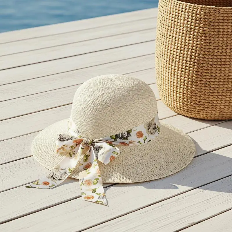 Beige Wide Brim Straw Sun Hat With Polka Dot Ribbon Bow Sun Protection For Summer Beach Outdoor Activities