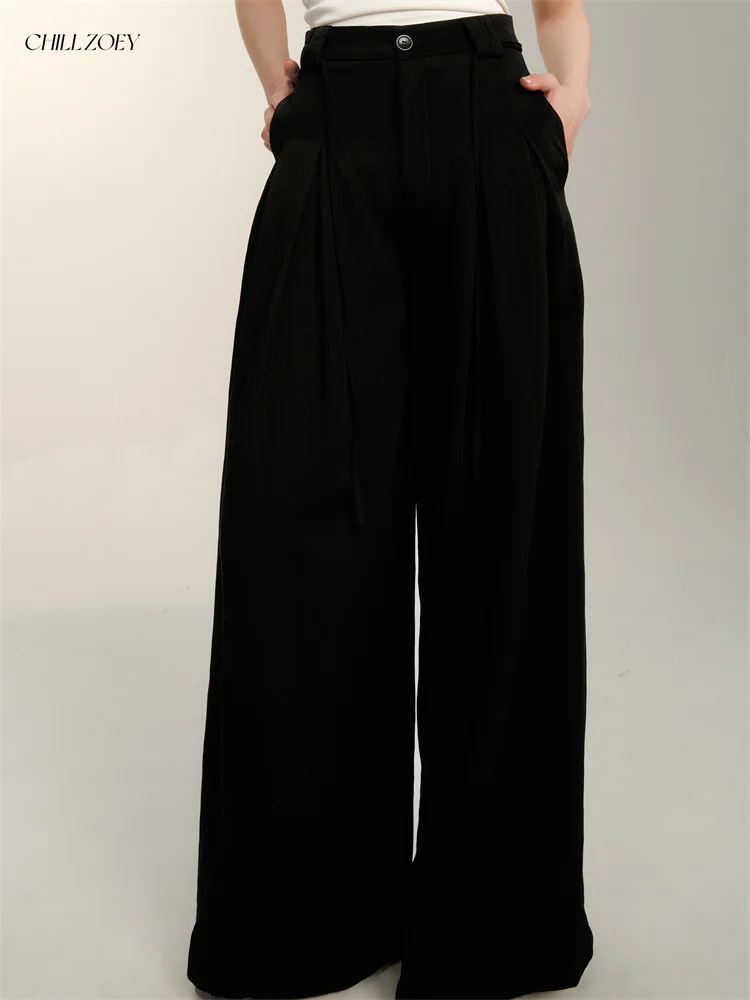 

CHILL ZOEY Design Folded Wide Leg Pants Women's Casual Bla Loose Fit Trousers Spring 2025 Polyester Fiber 00%