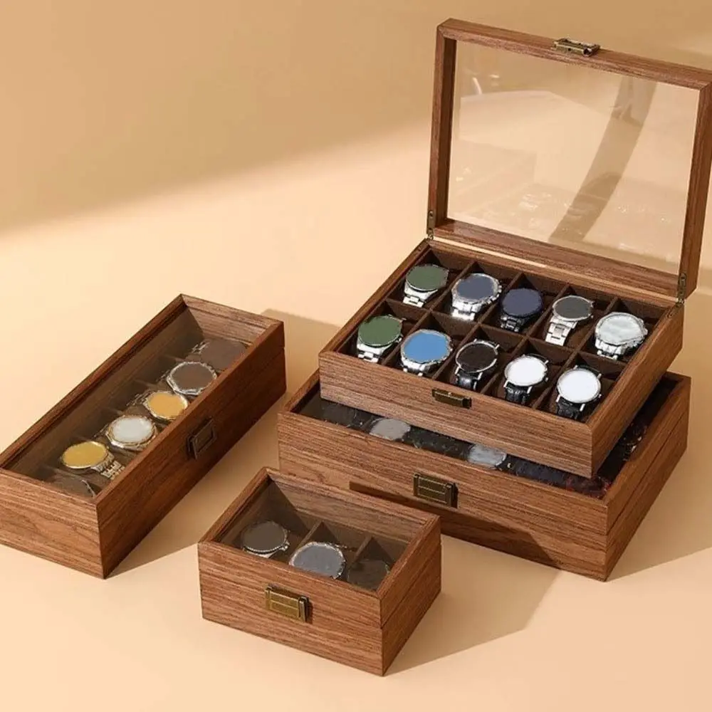 1/2/3/6/10/12 Slots Watch Storage Box Soft Watch Pillow Transparent Glass Watch Display Box Retro Walnut Wood