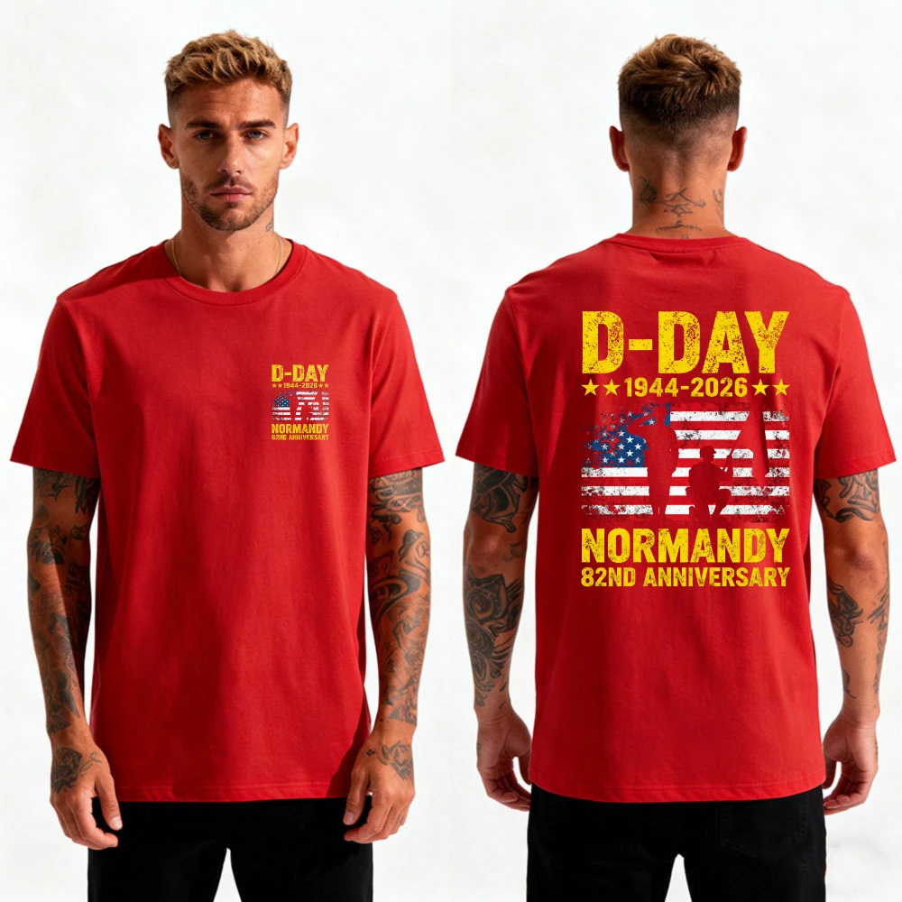D-Day Normandy 82nd Anniversary 1944-2026 Men T-Shirt US Flag Vintage Print Double-Sided Patriotic Cotton Tee Men Clothing view 5