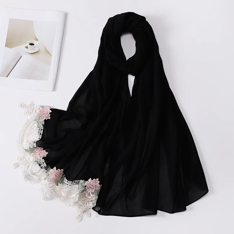 New Premium Pearl Chiffon Hijab Long Shawl Embroidered Lace Floral Muslim Women Wrap Headscarf 70X175CM Abaya Islam Turban Femme