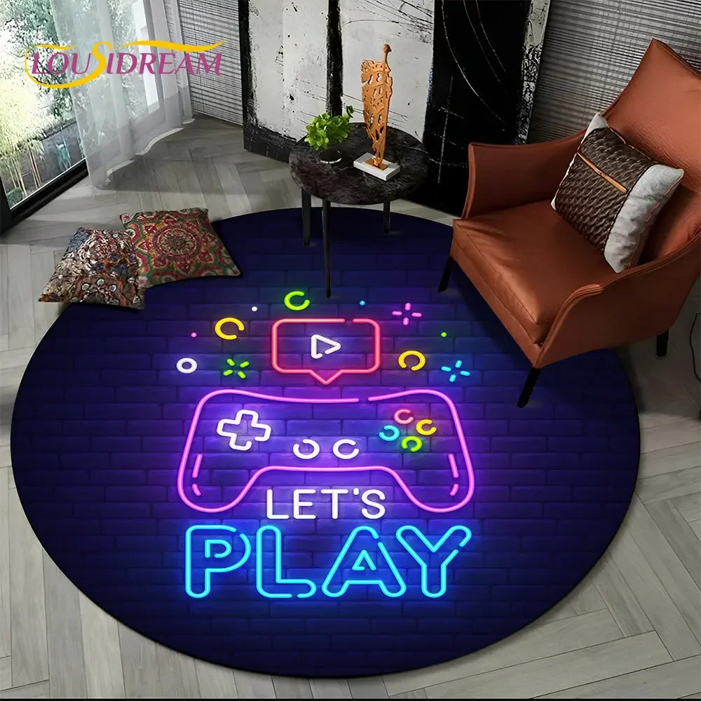 Cartoon Gamer Game Controller Round Area Rug,Circle Carpet Rug for Living Room Children's Bedroom Sofa Decor,Non-slip Floor Mat