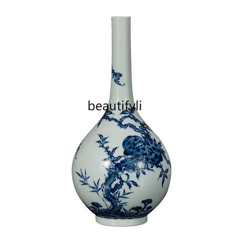 E153 Ceramic Vase Jingdezhen Hand-painted Blue and White Hand-painted Fu Shou Five Peach Gourd Vase Accessories Ornament