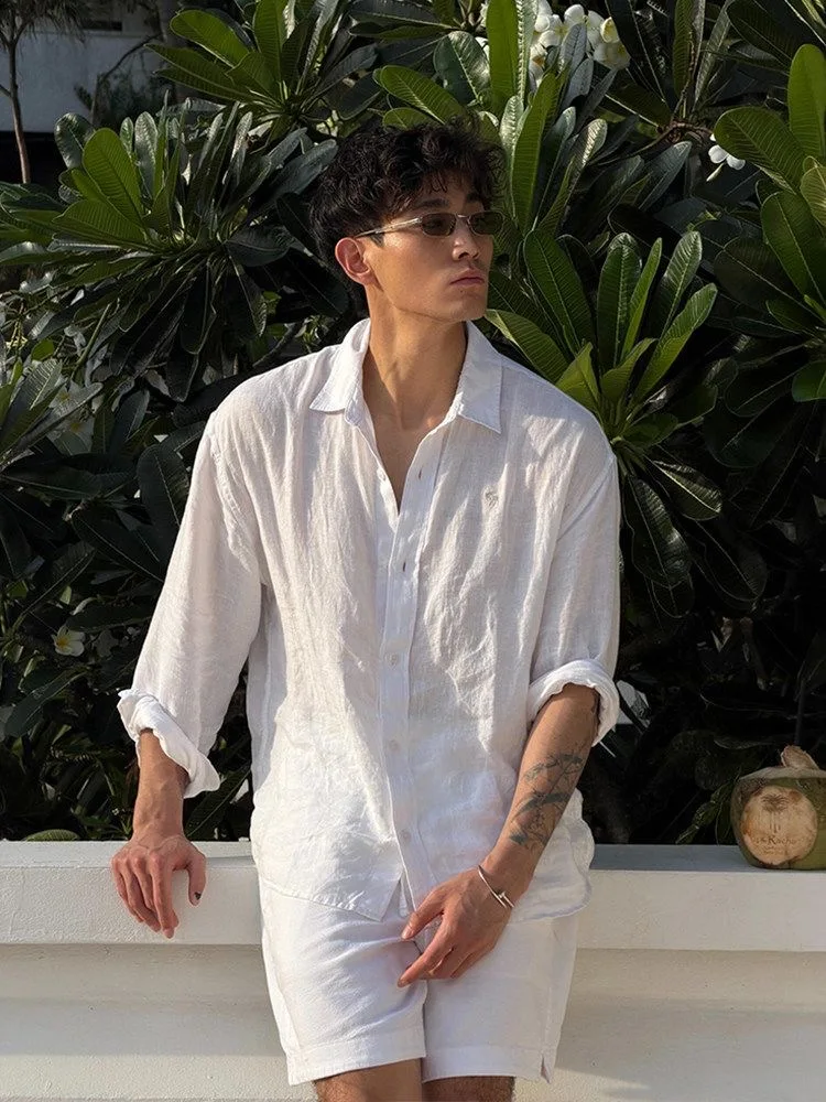 Sun Protection Silk Linen Men's Summer Shirt Set Beach Wear Matching Cotton Linen Shorts One Complete Set Breathable Loose Fit